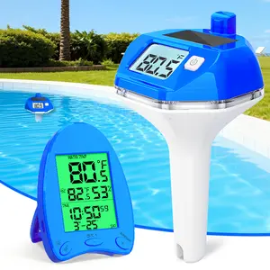 Solar Powered Wireless Pool Thermometer Floating Easy Read | Dynamic LED Light Show, Dual Backlit Display, 650FT Transmission | IP68 Waterproof Pool Temperature Thermometer, Blue.