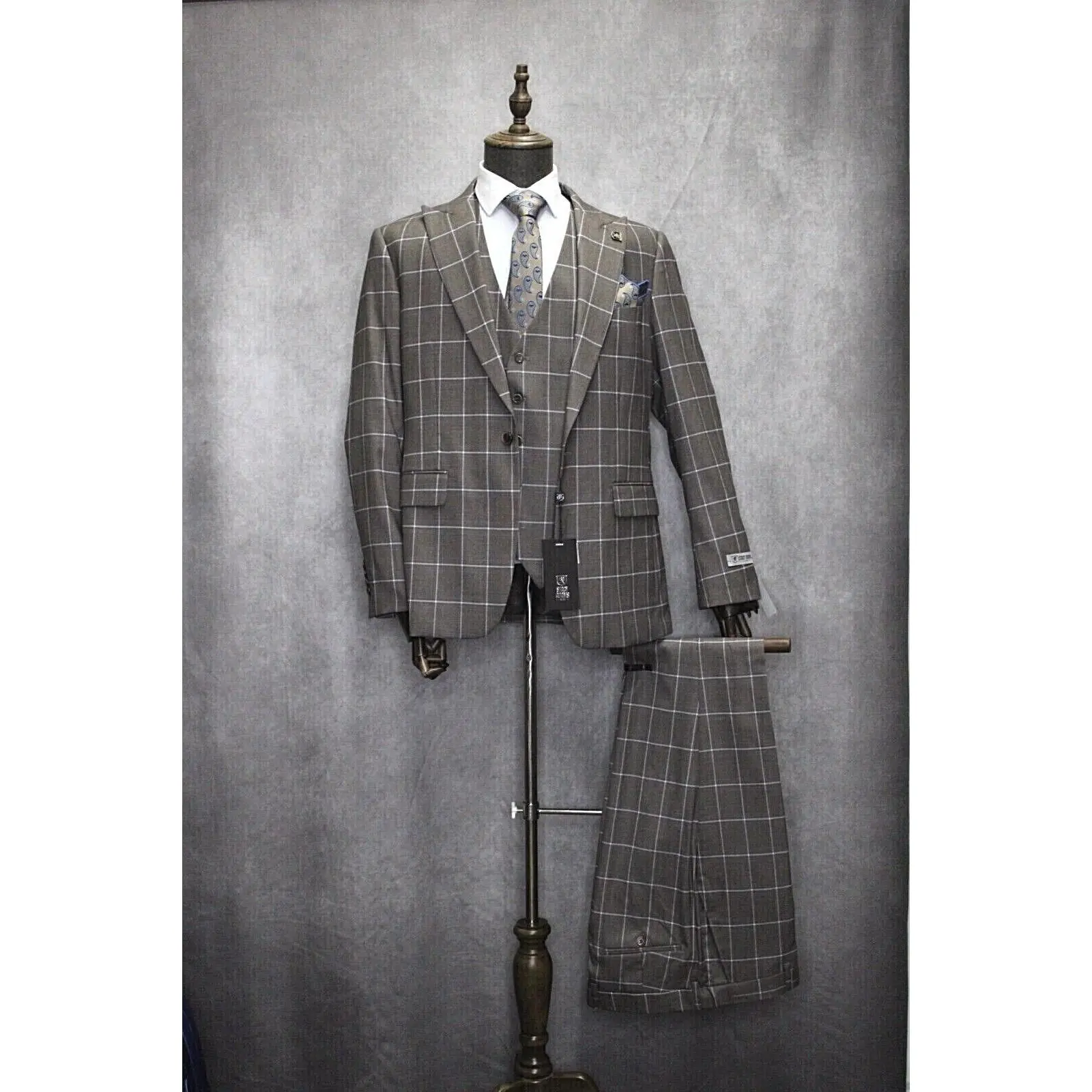 Men's Stacy Adams Hybrid 3PC Tan, White and Blue Plaid Formal Suit SM142H1