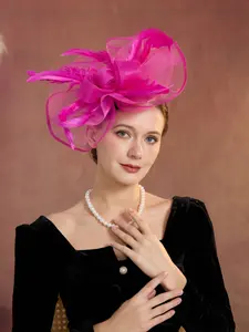 Elegant Round Hat Wide Brim Tea Party Valentine's Day Hat with Feather Decoration, Decorative Headpiece, Multiple Colors Available