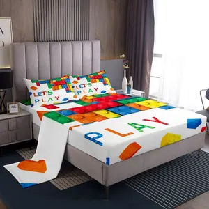 Building Block Print Sheet Set,Brick Styles Sheets with Deep Pocket Fitted Sheet for Boys Teens,Colorful Bed Sheets Set,Gaming Room Decor