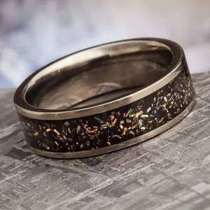 Black Stardust™ Wedding Band, Titanium Meteorite Yellow Gold Ring
