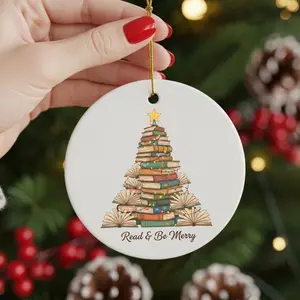 Christmas Ornament for Readers Ceramic Keepsake with Book Stack Tree Lights Read & Be Merry Quote Unique Gift for Book Lovers High-Gloss Ceramic Creative Design Twinkling Lights Classic Shining Star Decor Decoration Print 1 Side