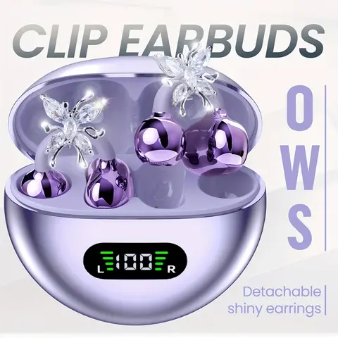 TEMPOMIND Clip-On Wireless Headphones - Electronic Audio Device, Bow Decor, Soft Skin-Friendly Silicone Grip, Type-C Rechargeable, Tangle-Free Bluetooth-Enabled for Calls & Music