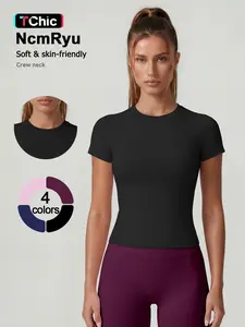 Women's Sporty Short Sleeve Round Neck Slim Fit Workout Top, High Elasticity Quick-Dry Fabric, Breathable Seamless Design, Comfortable and Non-Irritating