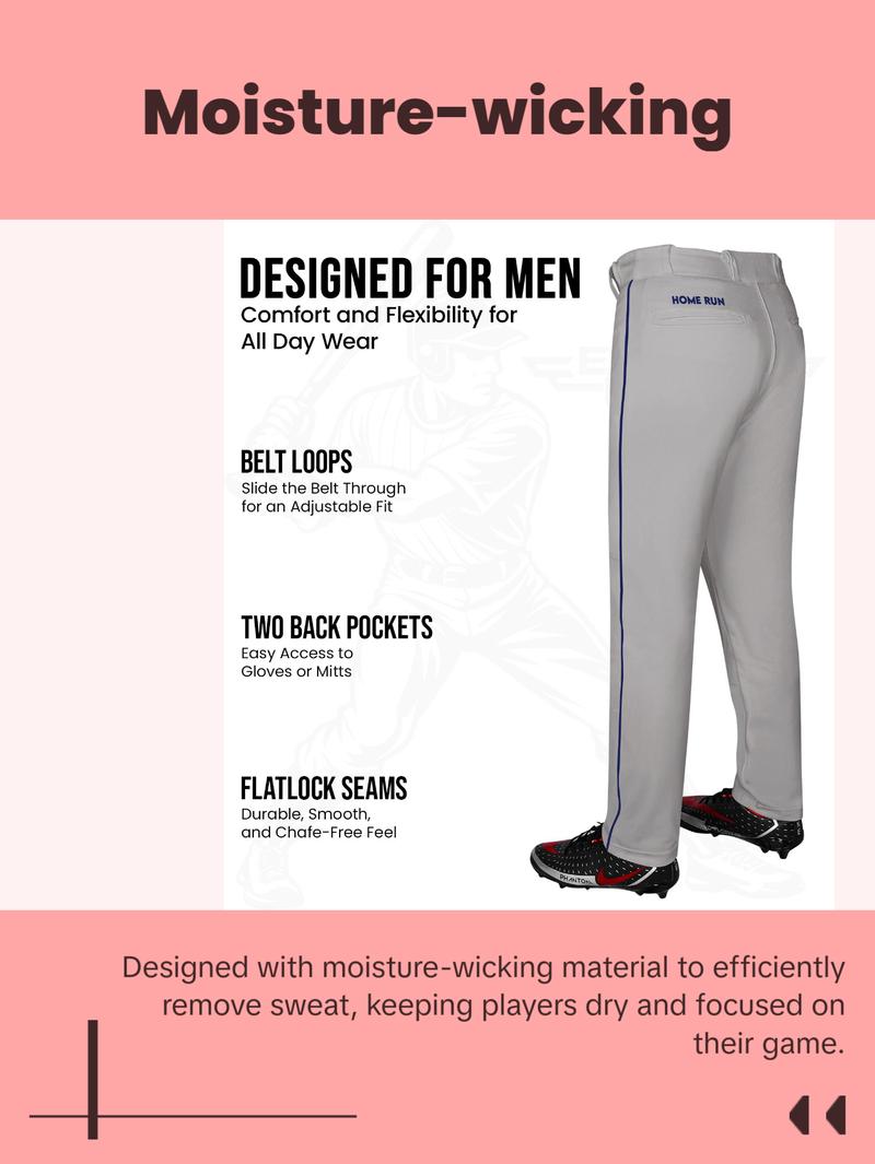 Exxact Sports Homerun Mens Baseball Pants - Full Length Baseball Pants Mens with Piping, Semi-Relaxed Open Bottom Pants (Gray / Navy Piping)