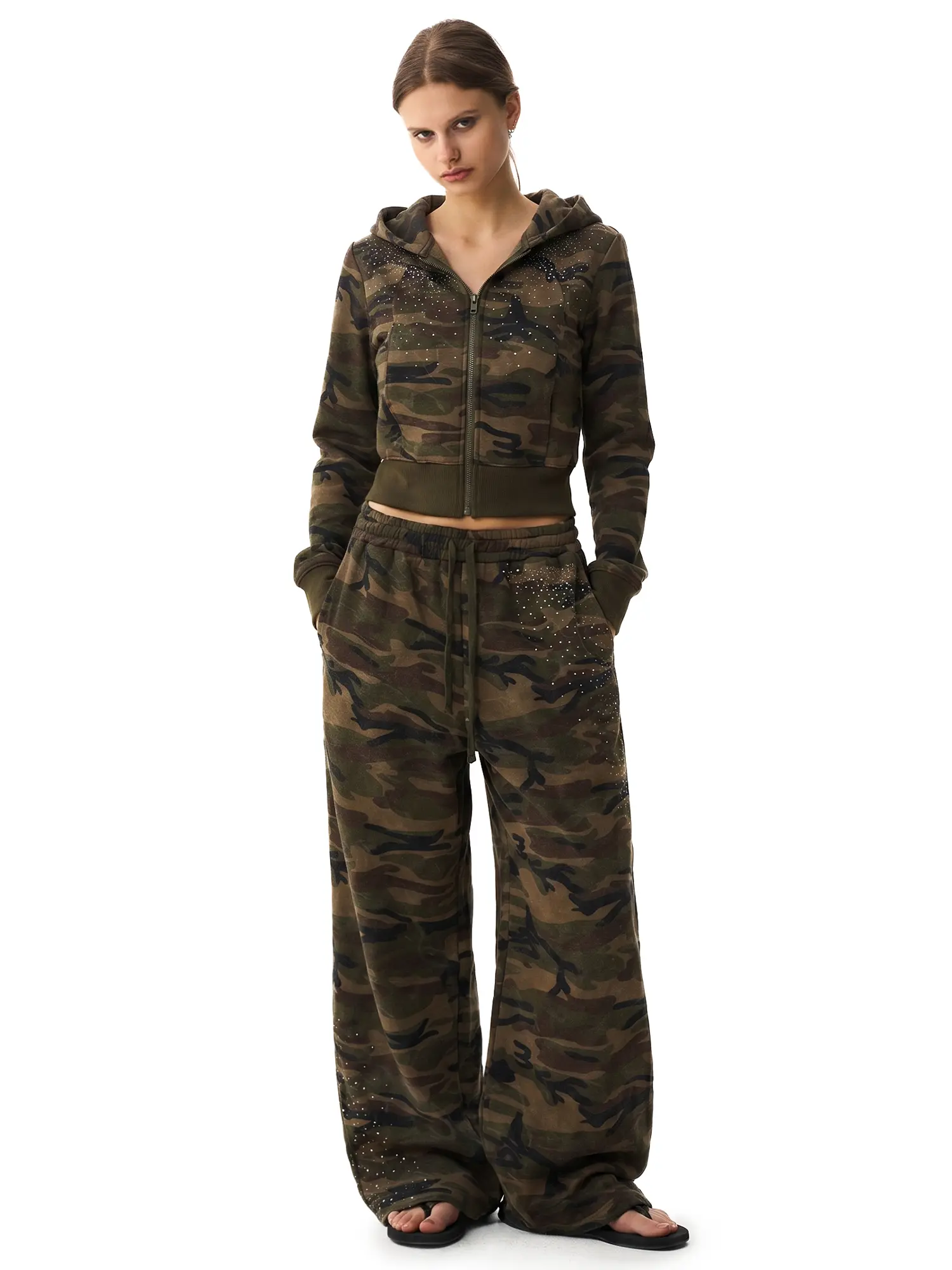 FDR Camo Rhinestone Hoodie Set Cropped Two Piece Outfit Women Fall Fashion