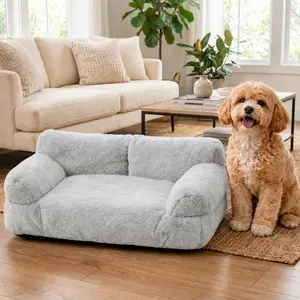 Cozy Pet Sofa Bed for Small to Medium Dogs & Cats All-Season Washable Couch with Supportive Bolsters Fits 2 Pets 35.4 x 21.7 x 10.2 in Brown Plush Fabric PP Cotton Filling Comfortable Indoor Lounger