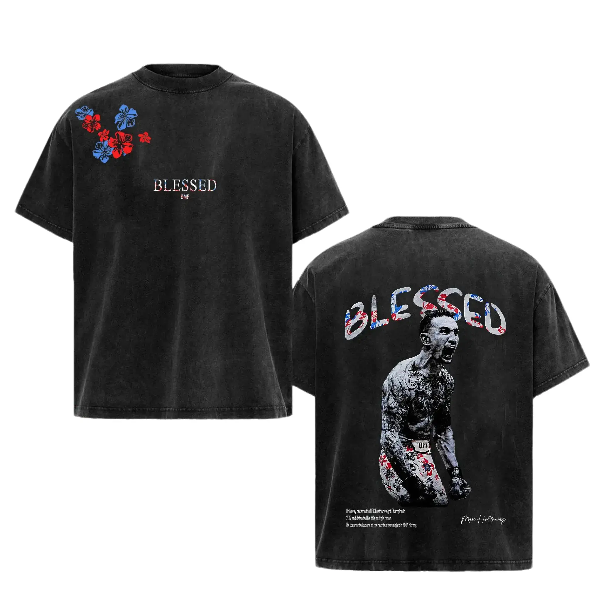 [BT] Max Holloway Blessed V2 Tee, Blessed BMF T-shirt, UFC MMA Fan Custom Graphic Design, Gym Wear, Gift for Fighters, Sports Apparel Casual Fit Streetwear Casual Loose TeeGrey Washed Blessed Combat Graphic T-Shirt,BacK TO SCHOOL OUTFIT