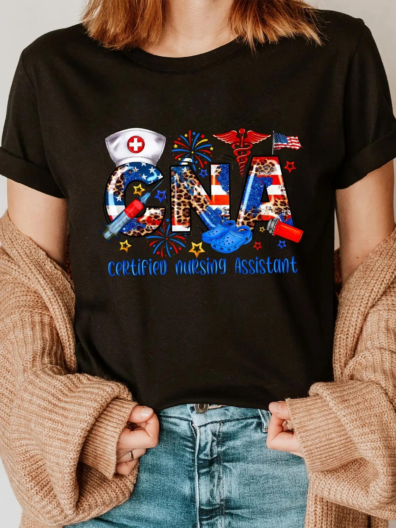 Women's Unisex CNA Certified Nursing Assistant Tshirt - Short-Sleeve Crew Neck Top with CNA Lettering, Machine-Washable Casual Healthcare Professional Career Apparel for Year-Round Wear, Comfortable, Shortsleeve