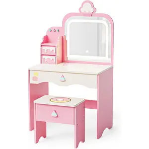 JOYMOR Kids Vanity with Lights, Dessert-Themed Vanity with Cloud-Like LED Light Strip & Drawer, Makeup Desk with Stool for Little Girls Ages 3-8 (Pink)