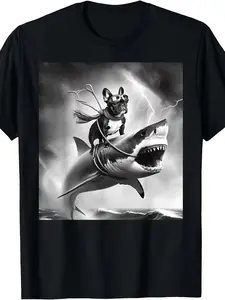 French Bulldog Riding a Shark on a Tornado T-Shirt - Round Neck Short Sleeve, Durable Heat Transfer, Humorous Gift for Dog Lovers, Suitable for Both Men And Women, Casual Wear