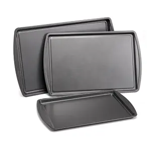 3pc Carbon Steel Nonstick Cookie Sheet Bakeware Set 11x17 10x15 9x13 Gray Durable Baking Tray