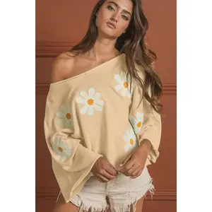 Luxe BiBi Flower Embroidery Loose Fit Knit Top Floral Embroidered Oversized Knit Top for Women – Off Shoulder Loose Fit Sweater, Daisy Flower Casual Chic Blouse, Soft Stretch Lounge Shirt