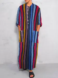 New Muslim Robe for Men, Modesty Thobe, Loose Fit Arabic Long Sleeve Striped Jumpsuit, Ethnic Style Middle Eastern Clothing, Ready Stock