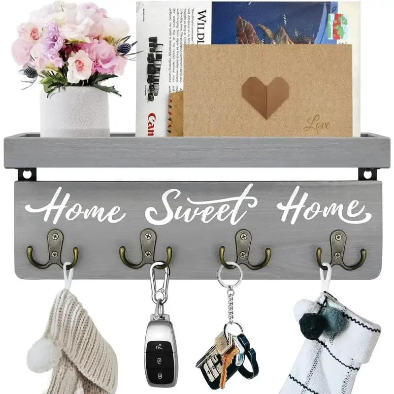 Wall-Mounted Key and Mail Holder, Wooden Key Rack With 4 Double Key Hooks, Rustic Home Decor for Entryway (Gray)