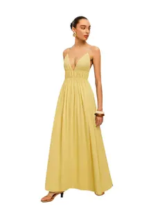 EASORA Womens Deep V Neck Maxi Dresses Sleeveless Ruched Flowy Dress Summer Casual Beach Vacation Outfits Plain Style