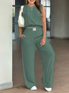 Two-Piece Set Women's Solid Color Tank Top & Wide Leg Pants Set, Casual Fashion Cozy Breathable Two-piece for Daily Outdoor Wear, Ladies Clothes for Summer, Suits, Womenswear
