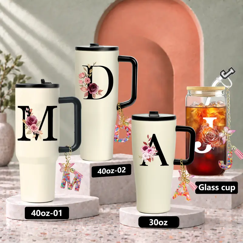 ZIOSINM Floral Initial Tumbler Gift Set for Women, Includes Gift Box, Greeting Card & Matching Letter Keychain, Choice of 30 oz or 40 oz Stainless Steel Tumbler or 17 oz Glass Cup