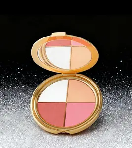 Makeup palette featuring highlighter, eyeshadow, and blush; four colors; natural look; diamond texture; multi-use; portable; compact—ideal for everyday cosmetics. All-in-One