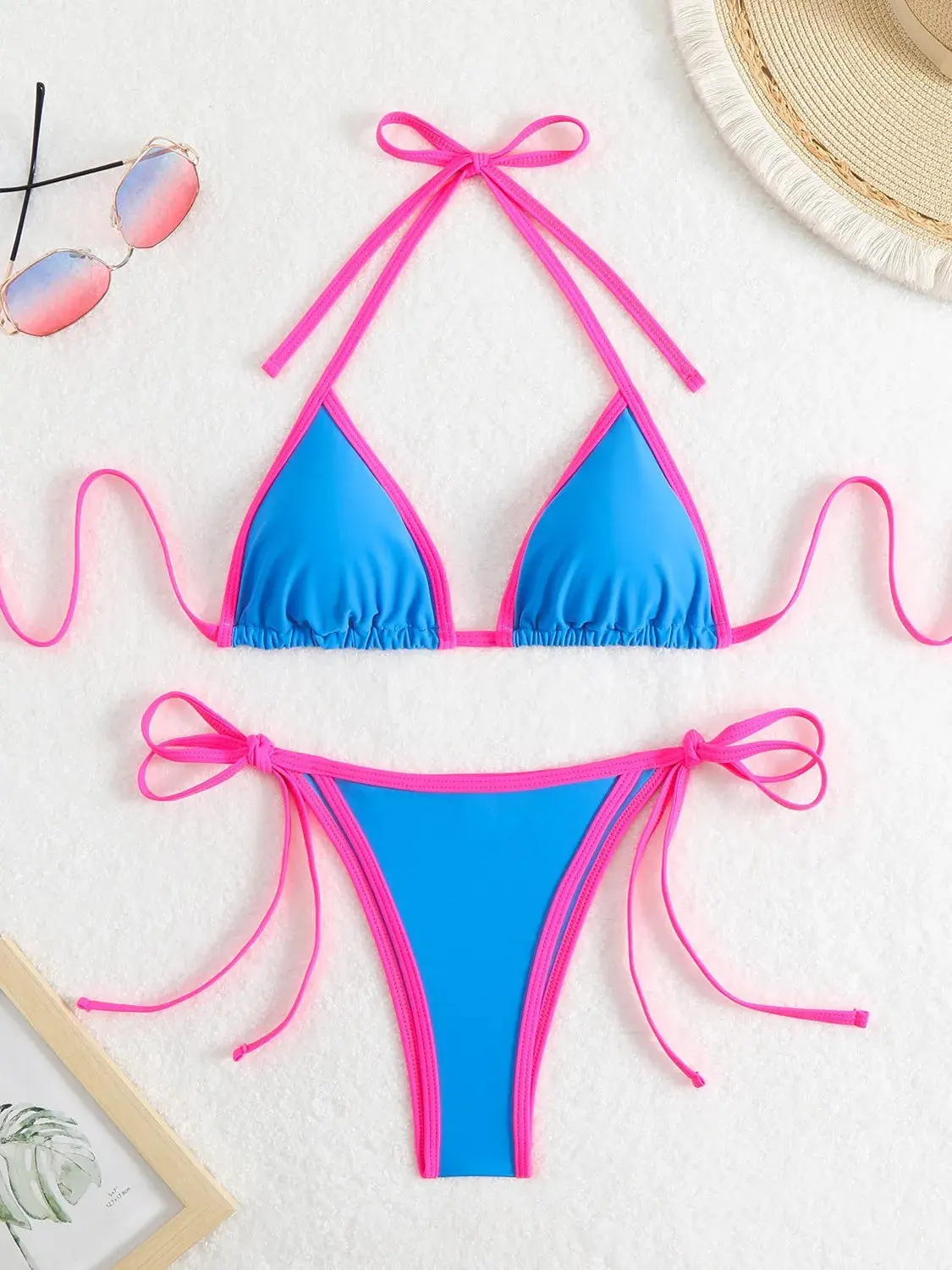 Women's 2025 2-Piece Multi-Tone Polyester Bikini Set - Pink & Blue Colorblock, Push-Up Lift-Up, Tie-Side Thong, Low-Rise Brazilian Bandage, Strappy, Floral & Solid, True Fit, for Beach, Cruise Trip