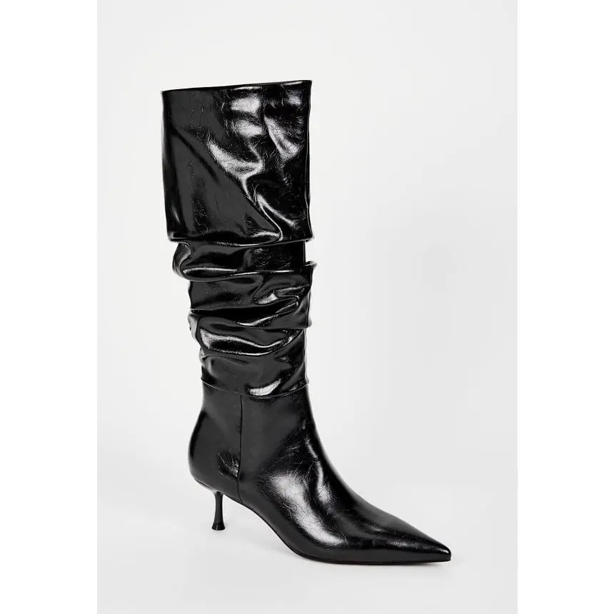 Women's Crinkled Patent Faux Leather Pointed Toe Stiletto Heel Knee-High Boots - Ruched Slouch Shaft, Side Zip, Soft Lightweight, Megan Moroney Concert Outfit, Avant Garde Fashion, Rave Aesthetic Footwear
