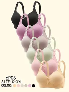 6pcs Women's Wire-Free Back-Closure Bras, Seamless Tassel Decor Wireless Bra, Comfortable Push-Up Bra, Adjustable Strap, Soft Pastel Colors- Non Detachable Padded Cups, Everyday Comfort Profile Full Coverage Bras, Soft Comfort, Push Up Bras for Women