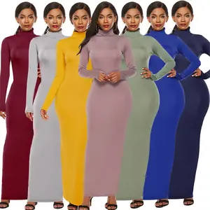 Women's Fashion Solid Color Long Dress Fashion Long Sleeve Stretch Slim Turtleneck Dress