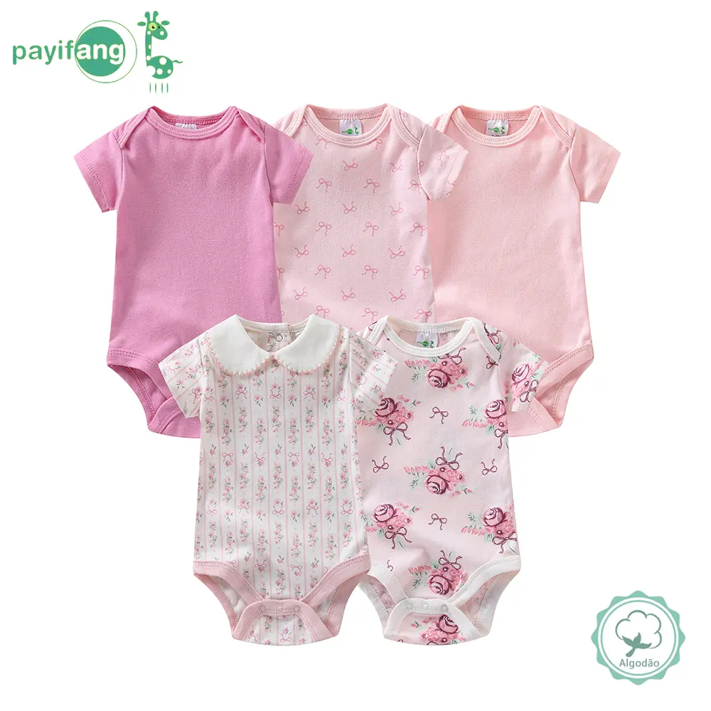 5 sets of baby girls' triangular one-piece outfits, baby cotton short-sleeved onesies, elegant style for baby girls with flowers, essential clothing items