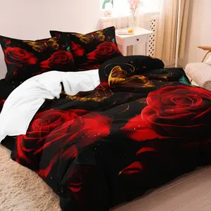 3pcs Elegant Valentine'S Day Red Rose & Golden Butterfly Decorative Duvet Cover Set - Birthday Gift Adult Bedroom Decor Hotel Decor, Romantic Theme for Bedroom, Hotel, Wedding, Vacation Home - Machine Washable (1 * duvet cover+2 * pillowcase，No Core)