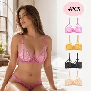 4 Pack Bra Woman Lace Push Up Lace Bra, Strong Support Sheer Floral Mesh Underwire Bras, Adjustable Straps Sexy Breathable Everyday Lingerie for Daily Casual Wear