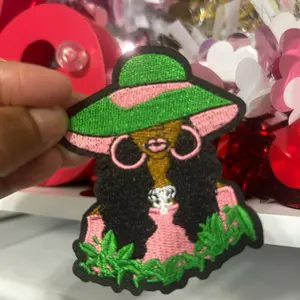 Black Girl Green and Pink Hat Patch 3 inch