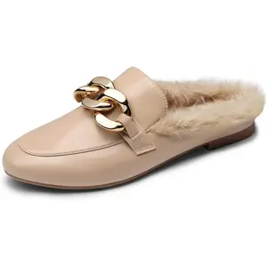 2025 Women's Comfortable Slip-On Mules, Closed Toe Flats with Chain Detail, Backless Loafers for Casual, Work, and Everyday Wear, Stylish Lightweight Shoes