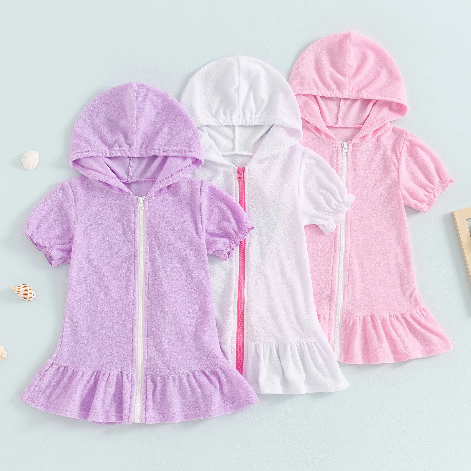 Girls Hooded Terry Cover Up Swimsuit Zipper Swim Dress Short Sleeve Ruffle Coverups Bathing Suit Swimwear