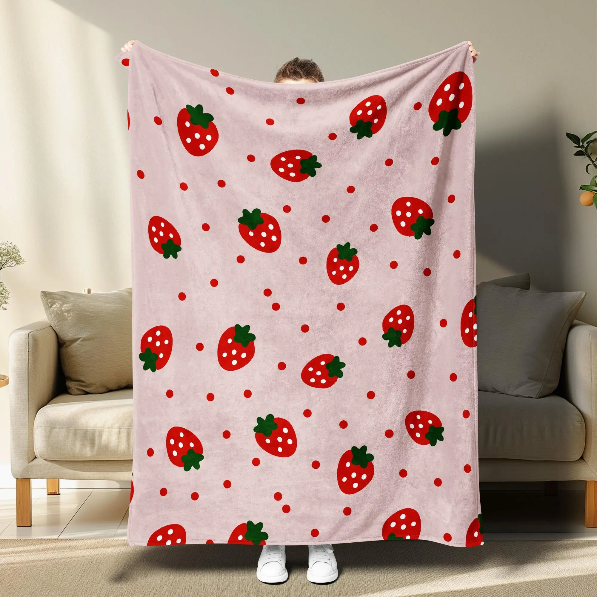 Bedroom Decor Strawberry Print Blanket, Cozy Room Accessories Soft Throw Blanket, Summer Warm Napping Blanket For Home Office Car Travel, Bedroom Acce