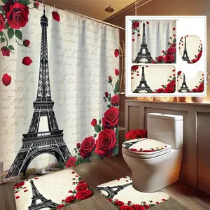 1/4pcs Valentine'S Day Tower Paris Printed Shower Curtain Set, Decorating Bathroom Set Includes Shower Curtain, Non-Slip Floor Mat, Toilet Seat, Bathroom Mat And 12 Plastic Hooks, Bathroom Accessories, Holiday Decorations, Gifts, Home Decor
