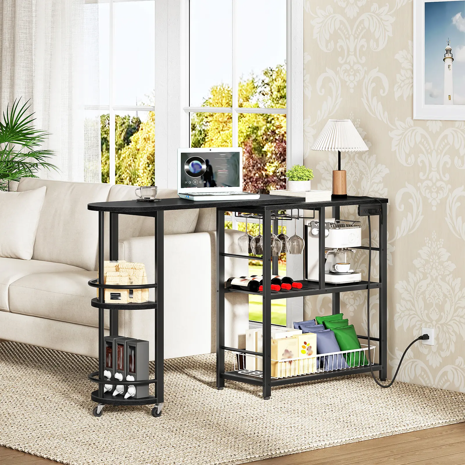HOOBRO L-Shaped Bar Table, Home Bar Unit with Charging Station, 3-Tier Shelves with Wine Rack, 360° Extendable Bar Table on Wheels, Corner Mini Coffee Cabinet, for Pub, Kitchen, Black #SummerVibes#DealsforYouDays #SummerGarden