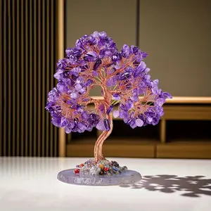 Fashion Hand Polished Colorful Agate Slices Round Base Purple Crystal Tree Ornament Crystal Gravel Leaf Tree Creative Craft Decoration Halloween/Christmas/Thanksgiving Gift home room quirky luxurious style