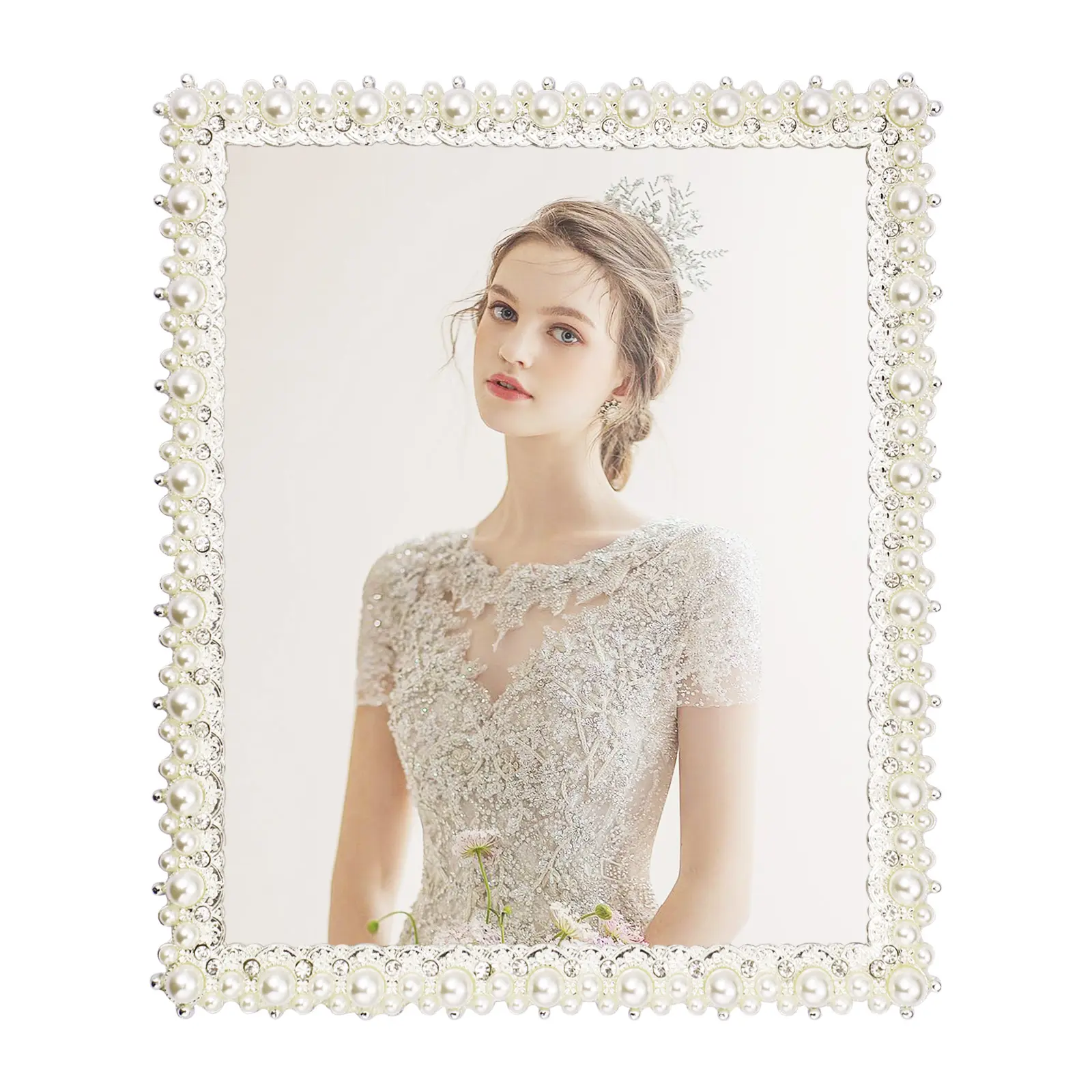 8x10 Picture Frame with Pearl and Crystal Decor for Wedding Photo, Pearl Picture Frame for Wedding Gifts, Ornate Frame Silver Plated for Tabletop Display