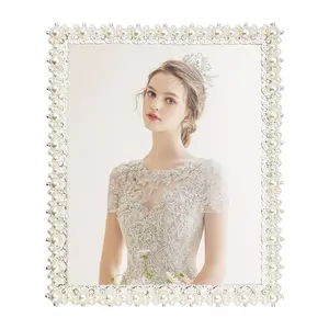 8x10 Picture Frame with Pearl and Crystal Decor for Wedding Photo, Pearl Picture Frame for Wedding Gifts, Ornate Frame Silver Plated for Tabletop Display