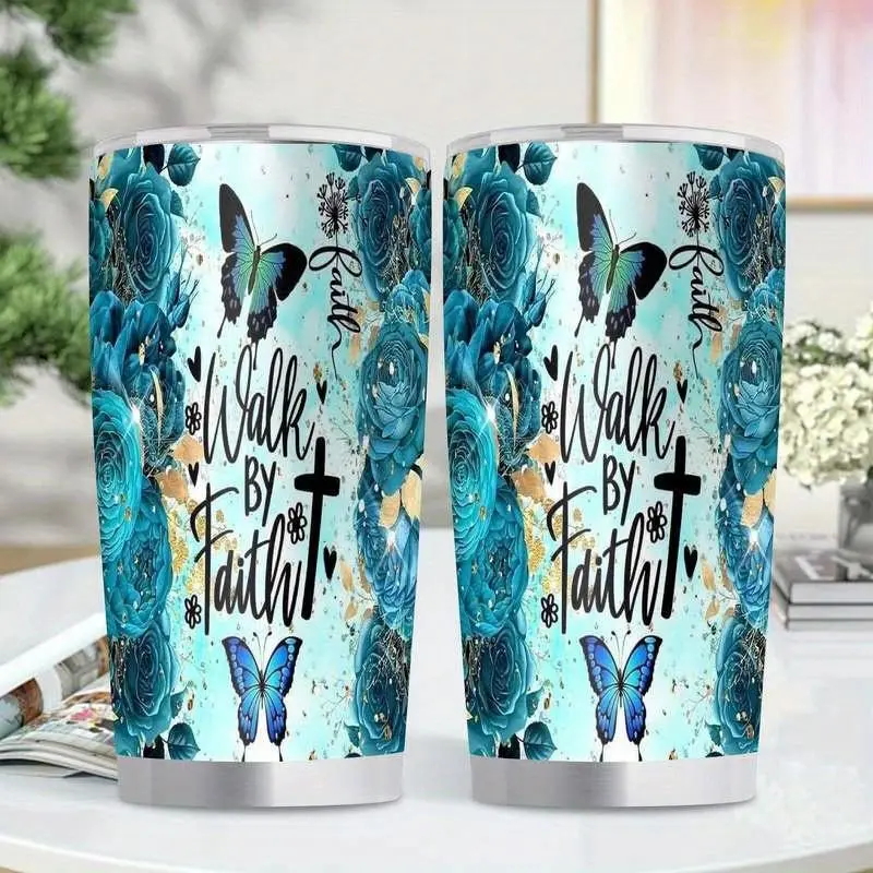 1pc Walk By Faith 20oz Insulated Stainless Steel Travel Tumbler - Leakproof Double Layer Insulated Flask with Turquoise Blue Rose, Butterfly, Cross & Verse Design, Gift for Parents, Church Events
