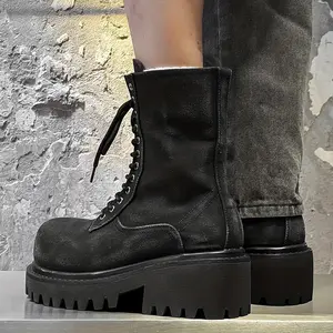 Men's Heavy-Duty British -Style Oversized Platform Boots - Thick Rubber Sole with Rugged Tread,  Upper (Zipper & Lace Closure) - Winter Warm Work Boots for Outdoor,, Casual Wear - Tall Round-Toe Lacing