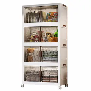 4-Tier Folding Storage Boxes with Doors & Wheels — Stackable Plastic Organizer Cabinet