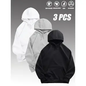 3-pack MEN'S casual hooded sweatshirts, long sleeve pullovers with drawstring, polyester knit fabric, slight stretch, solid color, loose fit for hiking, running, daily wear-winter outdoor sports hoodies