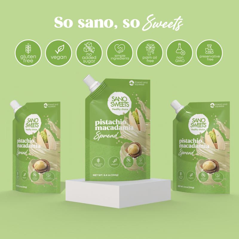 Sano Box - Includes 4 spreads + 2 wafers | Milk Caramel (dulce de leche), Pistachio & Macadamia, Choco Nocciola & Triple Chocolate | 2 Assorted wafers
