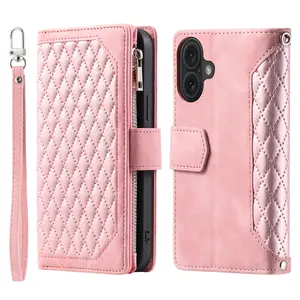 Crossbody Wallet Case for iPhone 16 Pro Max 15 14 13 12 Leather Phone Case with Card Holder Kickstand & Wrist Strap Cover Magnetic Closure Flip Handbag Zipper Purse Shell for Women Men