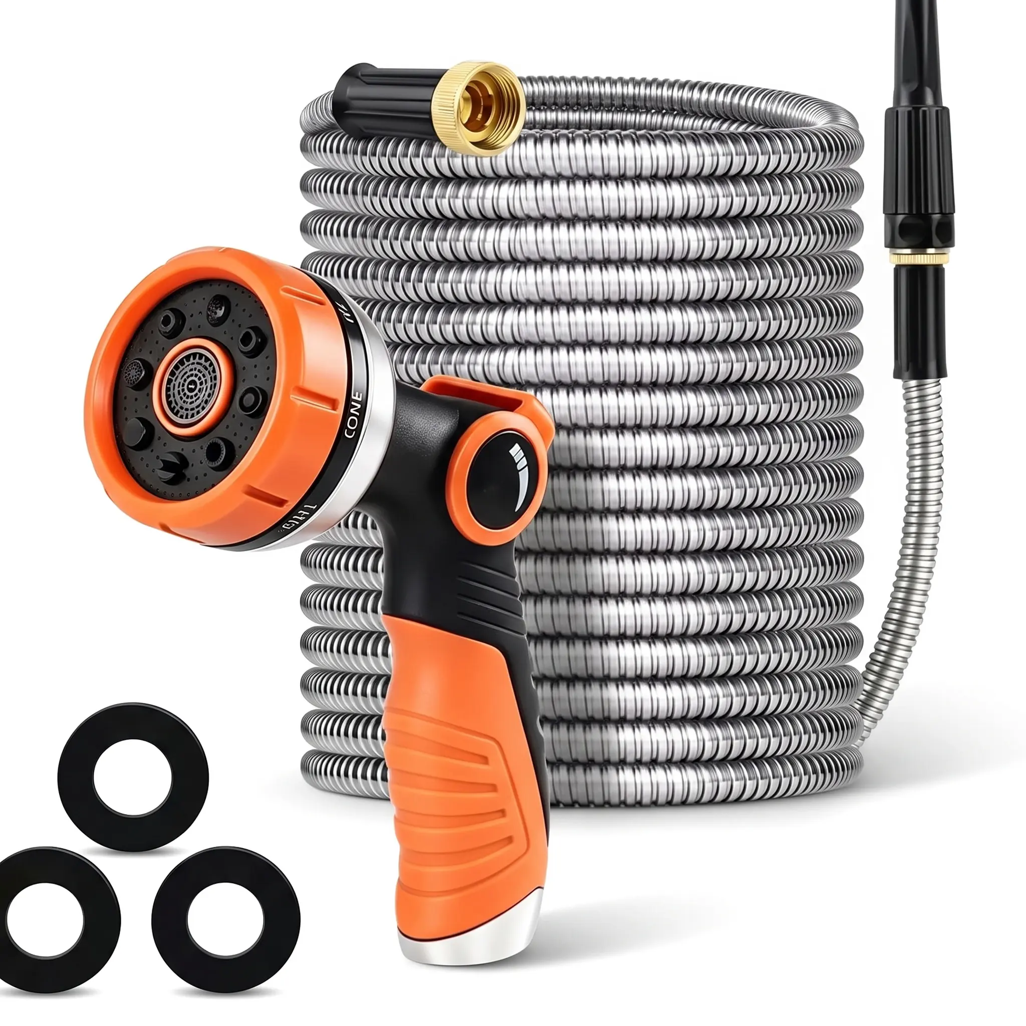IRONFIX 50ft/100ft Heavy-Duty Stainless Steel Garden Hose Jet with 8 Functional Nozzles, Adjustable Anti-Kink, Lightweight, Flexible, Easy to Use & Store, Strong Outdoor Garden Hose with Storage Box, for Yds, 10 Functional Nozzles, 3/4 Connections On Both