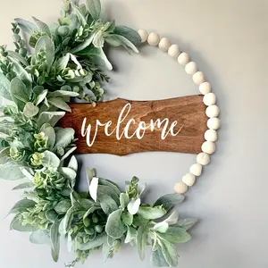 Welcome Door Wreath - Modern Wooden Arch Design with Eucalyptus Leaves & Beads, All-Season Holiday Decor for St. Patrick's Day, Christmas, Graduation - Easy Door Hanging Home Decoration, Wreaths for Front Door, Elegant Script Signage