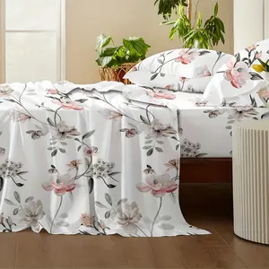 Luxury 3/4-Piece Magnolia Fitted Sheet Set - Stylish Floral Bedding, Breathable & Comfortable for All Seasons
