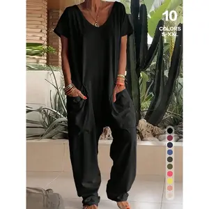 Women'S Solid Color V-Neck Oversized Pocket Low Waist Jumpsuit Overall, Casual Home Wear, Comfortable One-Piece Pants, Perfect For Daily Use, Basic