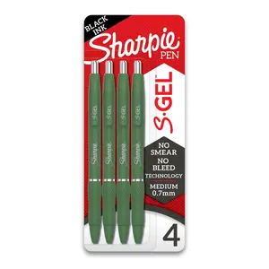 S-Gel Gel Pens with 0.7mm Medium Point, Green Barrel, Black Ink, Pack of 4